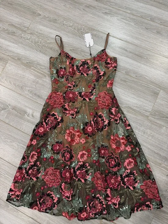 New Dress the population Floral Embroidered A-Line Dress in Brown and Pink size - Picture 1 of 6